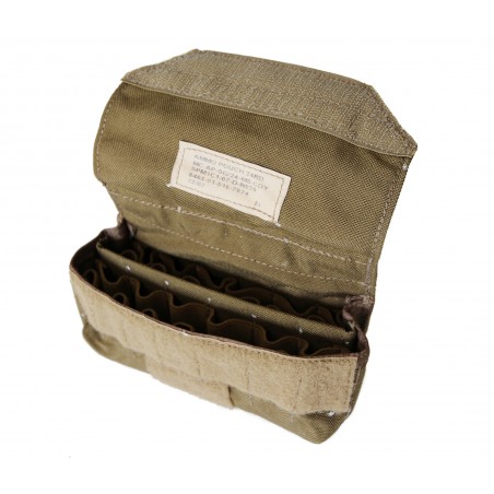 Genuine US Military shotgun ammo pouch. Will hold twenty-four 12 or 20 gauge shells. Molle compatible.