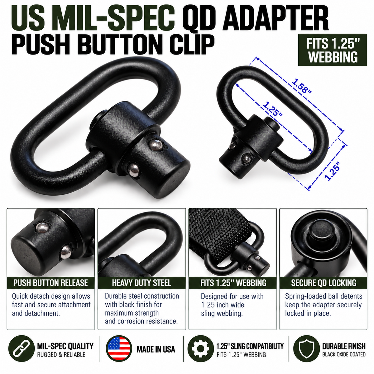 US Mil-Spec Military Tactical Gun Sling 1.25" QD Adapter Push Button Snap Clip - Made in USA