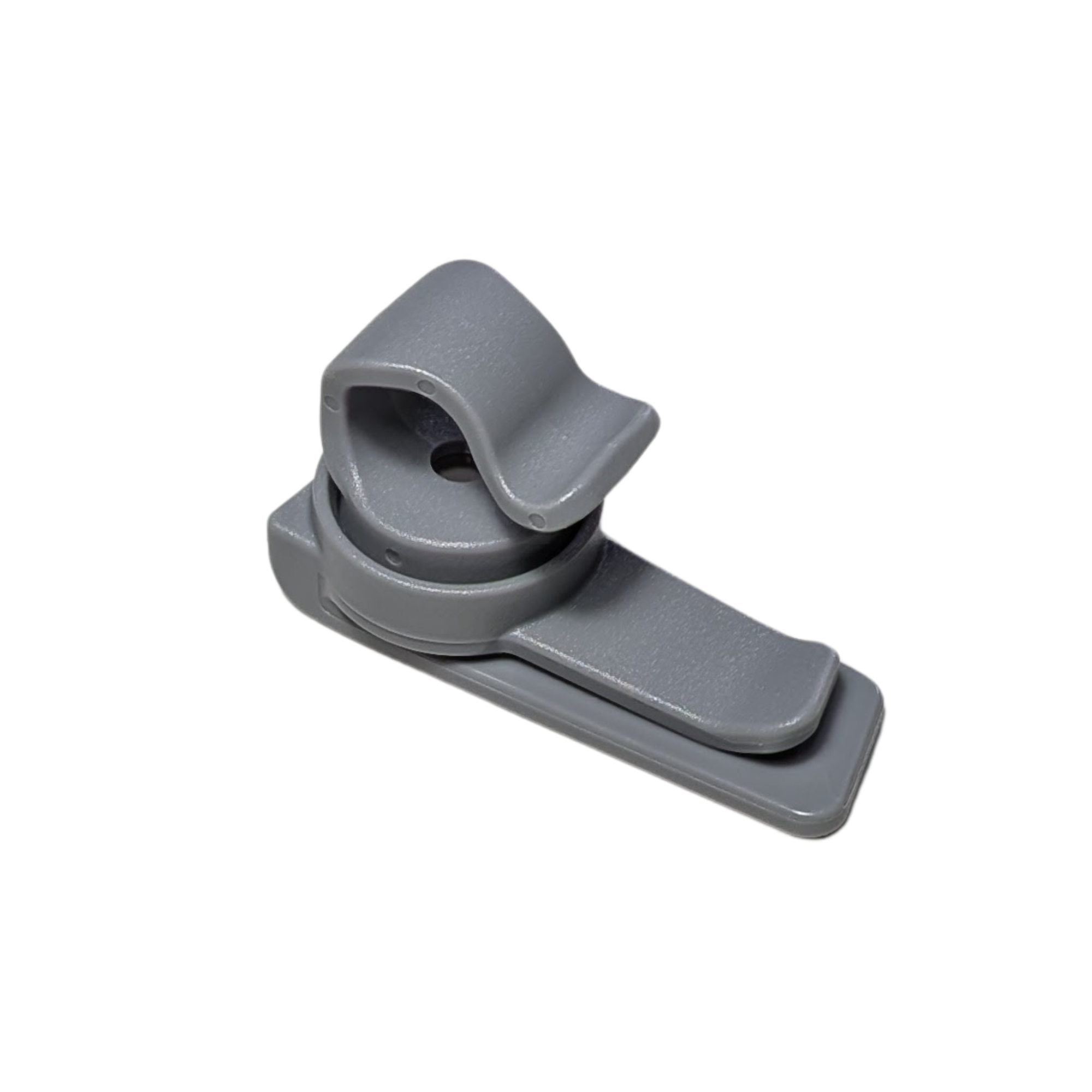 A gray plastic magnetic tube clip component with a curved top loop and a flat rectangular base, shown on a plain white background.