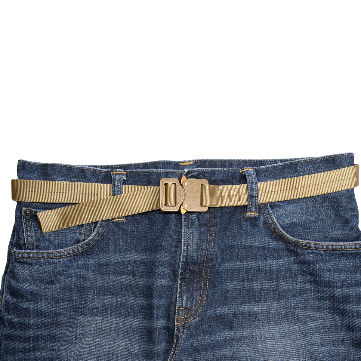 TAN499 Belt with black center thread. Cobra Prostyle buckle. Shown on blue jeans. 