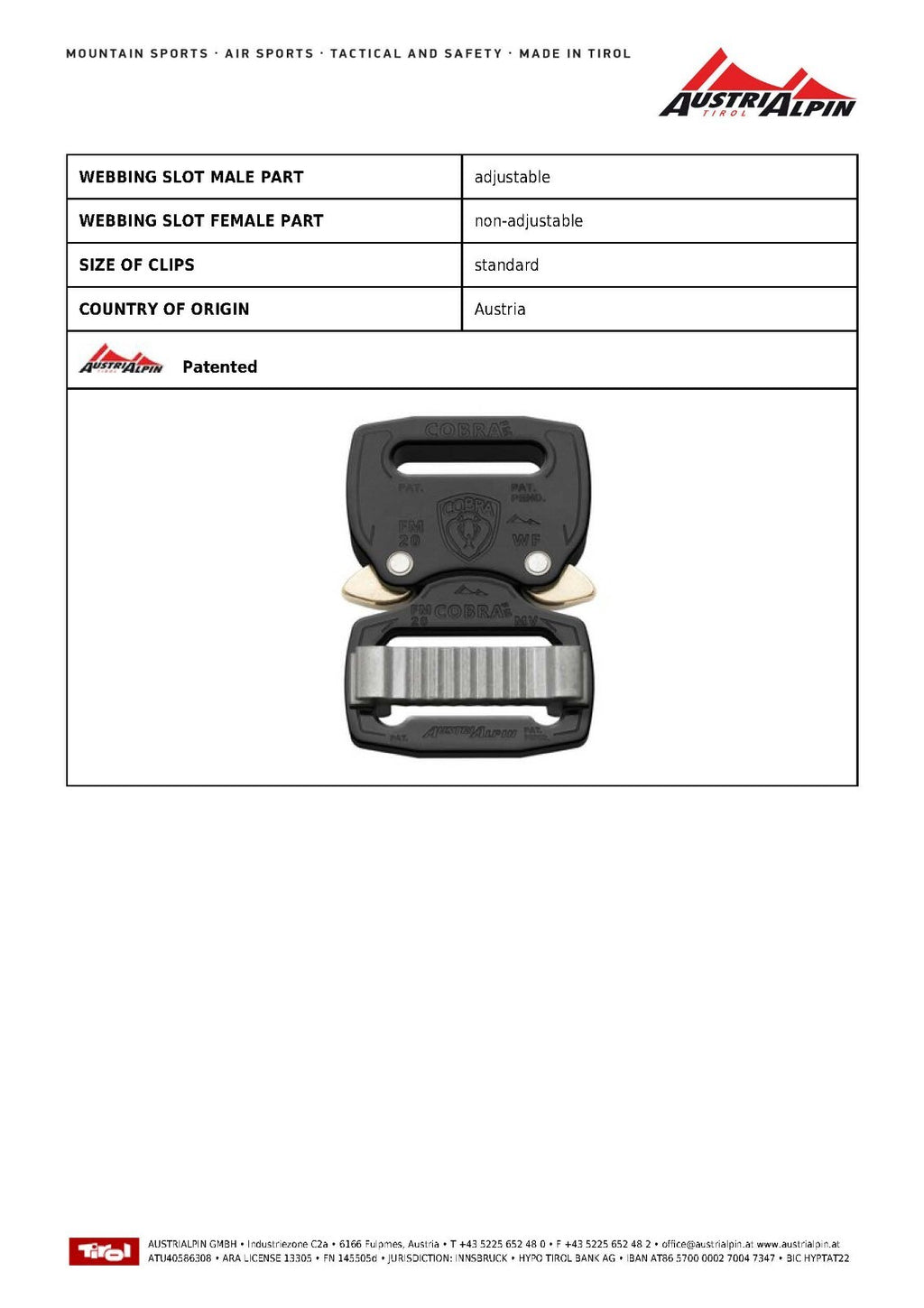 AUSTRIALPIN COBRA FM 3/4" 1" Non PPE Quick Release Belt Backpack Snap Buckle