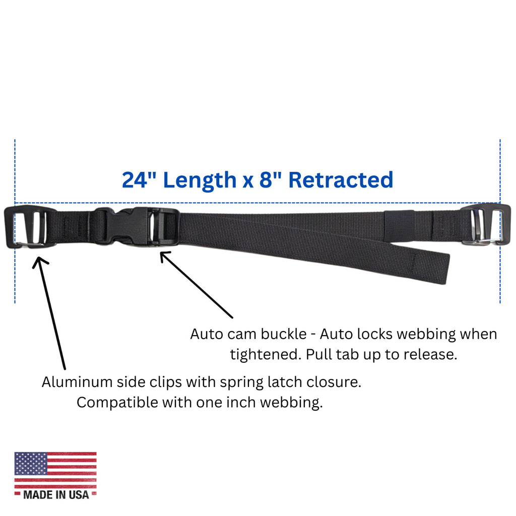 2 Backpack Compression Straps Heavy Duty Auto-Cam Buckle Aluminum Clips USA Made