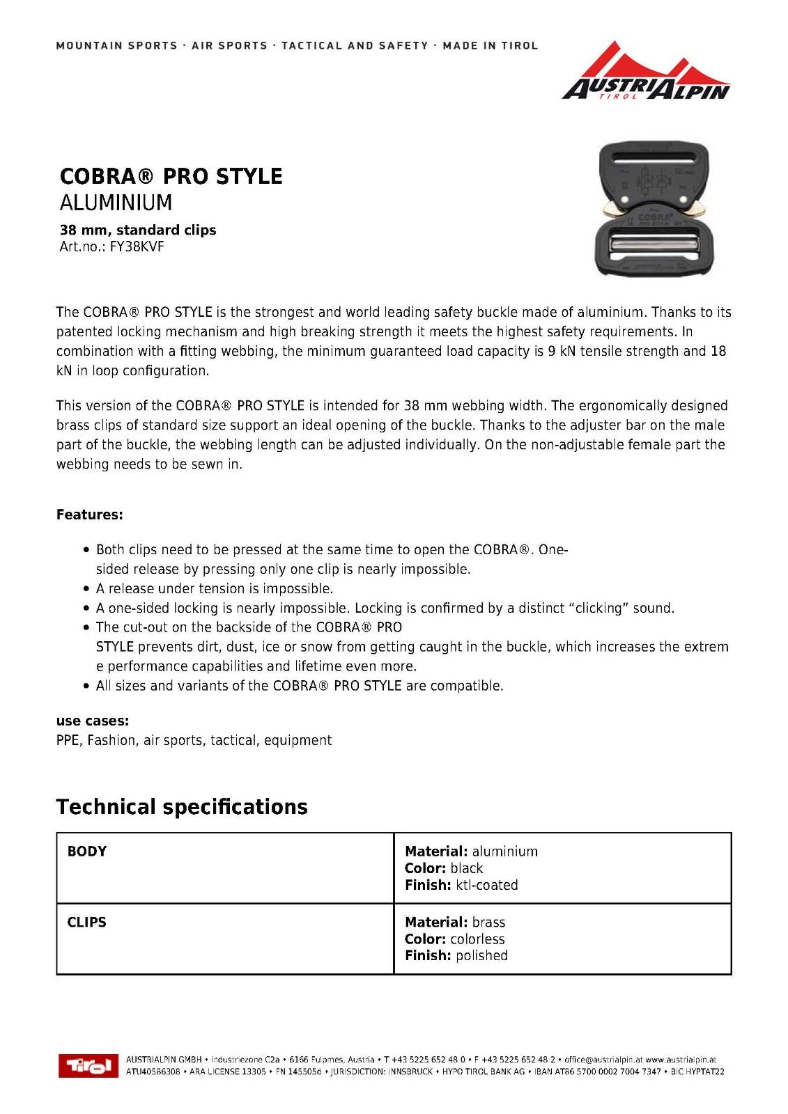 AustriAlpin COBRA ProStyle 1.5" Quick Release Tactical Belt Buckle Matte Black