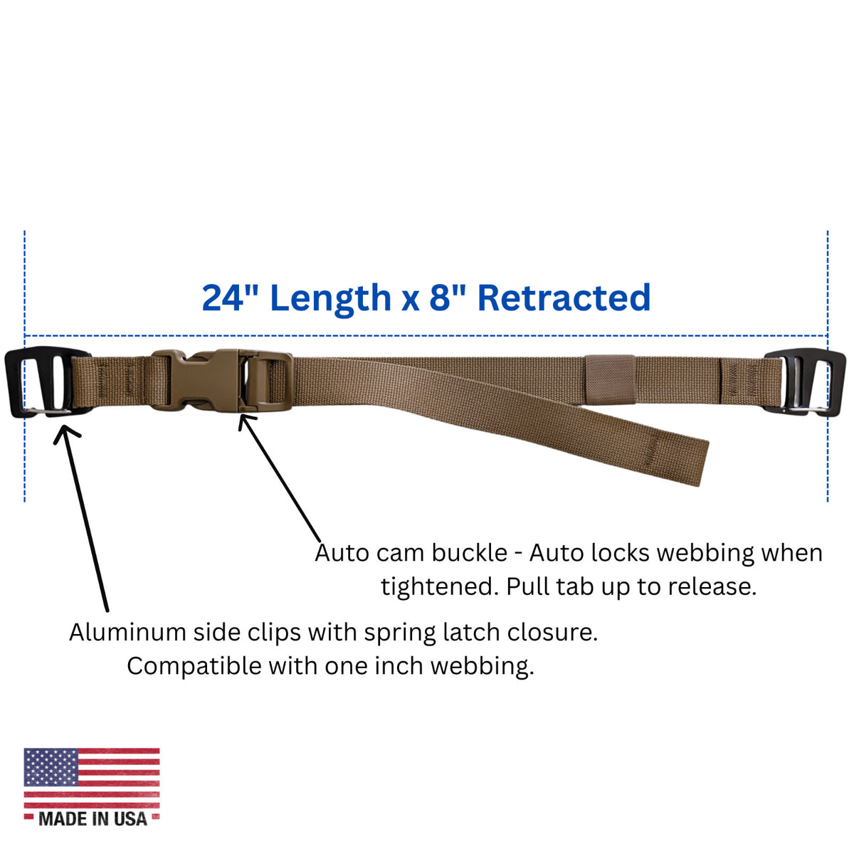 2 Backpack Compression Straps Heavy Duty Auto-Cam Buckle Aluminum Clips USA Made