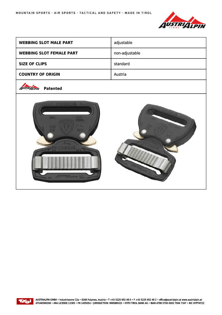 AUSTRIALPIN COBRA FM 3/4" 1" Non PPE Quick Release Belt Backpack Snap Buckle